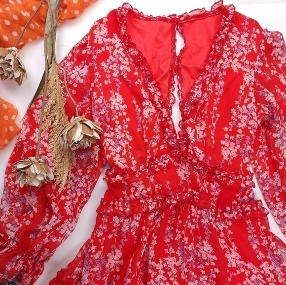 Red Pink Floral Boho Gorgeous Keyhole Back Dress Size M - Picture 6 of 14